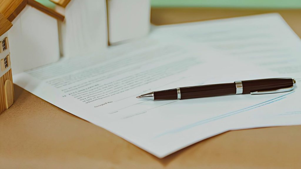 Pen resting on signed documents on a desk with a small wooden house model nearby, suggesting real estate or contract signing.