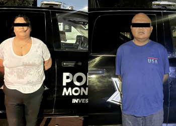 Split image: two people with eye masks stand in front of a black police SUV with POLICE lettering visible on the door.