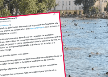 Tweet by Sébastien Lecornu overlaid on a busy riverside beach with numerous swimmers; the tweet is framed in a pink border.
