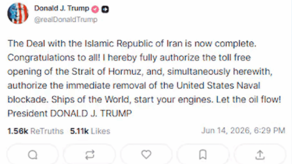 Publication from Donald J. Trump in Truth claiming the Iran deal is complete and calling for removal of the U.S. naval blockade.